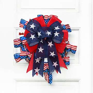 Cindeer 2 Pieces Patriotic Wreath Bow Independence Day Red White and Blue Star Burlap Topper Bows Large Independence Day Decorative Topper Bow Star Burlap Large Bows for 4th of July Party