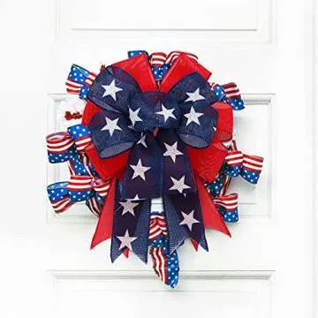Cindeer 2 Pieces Patriotic Wreath Bow Independence Day Red White and Blue Star Burlap Topper Bows Large Independence Day Decorative Topper Bow Star Burlap Large Bows for 4th of July Party