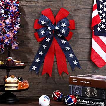 Cindeer 2 Pieces Patriotic Wreath Bow Independence Day Red White and Blue Star Burlap Topper Bows Large Independence Day Decorative Topper Bow Star Burlap Large Bows for 4th of July Party