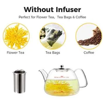 Luvan 1.3L/44oz Glass Teapot with Removable Infuser, Stove Top Safe Borosilicate Glass Clear Tea Kettle, Tea Maker with Stainless Steel Strainer for Blooming and Loose Leaf (Holds 4-5 Cups)