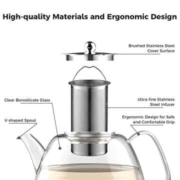 Luvan 1.3L/44oz Glass Teapot with Removable Infuser, Stove Top Safe Borosilicate Glass Clear Tea Kettle, Tea Maker with Stainless Steel Strainer for Blooming and Loose Leaf (Holds 4-5 Cups)