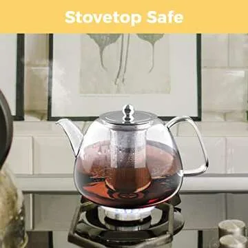 Luvan 1.3L/44oz Glass Teapot with Removable Infuser, Stove Top Safe Borosilicate Glass Clear Tea Kettle, Tea Maker with Stainless Steel Strainer for Blooming and Loose Leaf (Holds 4-5 Cups)