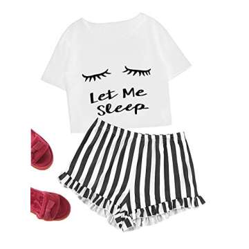 WDIRARA Women's Sleepwear Closed Eyes Print Tee and Striped Shorts Cute Pajama Set White S