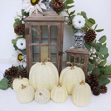 Winlyn 7 Pcs Assorted Sizes Harvest Cream Artificial Pumpkins Faux Cream Pumpkins Foam Decorative Pumpkins for Fall Farmhouse Autumn Wedding Halloween Thanksgiving Rustic Harvest Table Centerpiece
