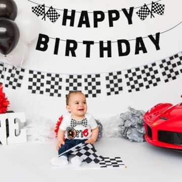 Race Car Birthday Banner, Pre-Strung Black Happy Birthday Banner, Race Car Party Birthday Decorations for Boys, Racing Themed Birthday Party Decorations, Let’s Go Racing Party Supplies