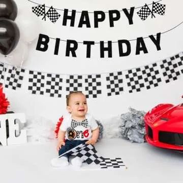 Race Car Birthday Banner, Pre-Strung Black Happy Birthday Banner, Race Car Party Birthday Decorations for Boys, Racing Themed Birthday Party Decorations, Let’s Go Racing Party Supplies