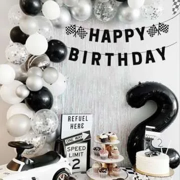 Race Car Birthday Banner, Pre-Strung Black Happy Birthday Banner, Race Car Party Birthday Decorations for Boys, Racing Themed Birthday Party Decorations, Let’s Go Racing Party Supplies