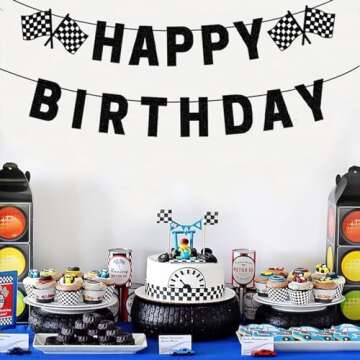 Race Car Birthday Banner, Pre-Strung Black Happy Birthday Banner, Race Car Party Birthday Decorations for Boys, Racing Themed Birthday Party Decorations, Let’s Go Racing Party Supplies