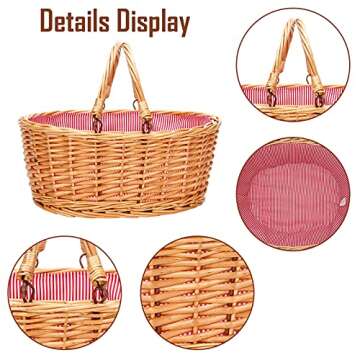 TwentyNext Wicker Picnic Basket with Double Folding Handles, Natural Large Willow Hamper Empty Basket Cheap Easter Eggs Candy Storage Wine Basket for Toy, Flower, Wedding（Red 16inch）