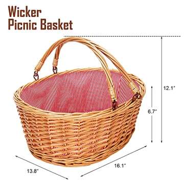 TwentyNext Wicker Picnic Basket with Double Folding Handles, Natural Large Willow Hamper Empty Basket Cheap Easter Eggs Candy Storage Wine Basket for Toy, Flower, Wedding（Red 16inch）