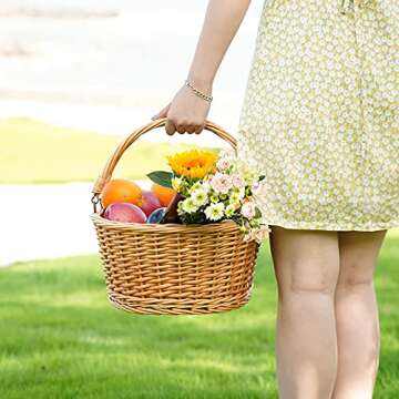 TwentyNext Wicker Picnic Basket with Double Folding Handles, Natural Large Willow Hamper Empty Basket Cheap Easter Eggs Candy Storage Wine Basket for Toy, Flower, Wedding（Red 16inch）