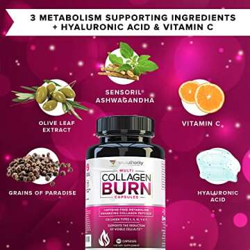 Multi Collagen Burn: Multi-Type Hydrolyzed Protein Peptides with Hyaluronic Acid, Vitamin C, SOD B Dimpless, Types I, II, III, V and X, Caffeine-Free (Unflavored Capsules)