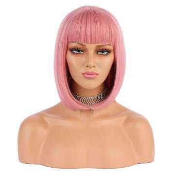 eNilecor Pink Wig, 12" Short Bob Wigs with Bangs Straight Synthetic Colorful Cosplay Daily Party Wig...