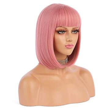 eNilecor Pink Wig, 12" Short Bob Wigs with Bangs Straight Synthetic Colorful Cosplay Daily Party Wig for Women Natural As Real Hair+ Free Wig Cap (Pink)