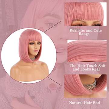 eNilecor Pink Wig, 12" Short Bob Wigs with Bangs Straight Synthetic Colorful Cosplay Daily Party Wig for Women Natural As Real Hair+ Free Wig Cap (Pink)