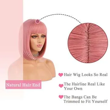 eNilecor Pink Wig, 12" Short Bob Wigs with Bangs Straight Synthetic Colorful Cosplay Daily Party Wig for Women Natural As Real Hair+ Free Wig Cap (Pink)