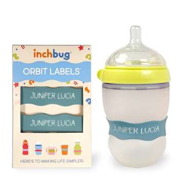 InchBug Orbit Labels - White Contrasting Personalization Silicone Baby Bottle & Sippy Cup Bands - Reusable, Dishwasher Safe, Engraved Name Labels for Daycare, 4-Pack (Seagrass Green)
