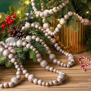 Equsion 2 Pcs 13.7 Feet Christmas Tree Wooden Beaded Garland Boho Decorations Wall Hanging Farmhouse Home Decor Rustic(Gold, White)