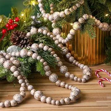 Equsion 2 Pcs 13.7 Feet Christmas Tree Wooden Beaded Garland Boho Decorations Wall Hanging Farmhouse Home Decor Rustic(Gold, White)