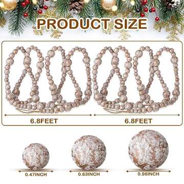 Equsion 2 Pcs 13.7 Feet Christmas Tree Wooden Beaded Garland Boho Decorations Wall Hanging Farmhouse Home Decor Rustic(Gold, White)