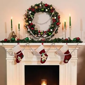 Equsion 2 Pcs 13.7 Feet Christmas Tree Wooden Beaded Garland Boho Decorations Wall Hanging Farmhouse Home Decor Rustic(Gold, White)