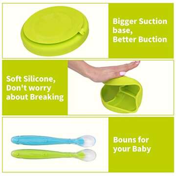 Baby Bowl Plate Bib Spoon Set, Strong Suction Silicone Toddler Self Feeding Set