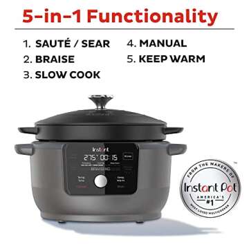 Instant Electric Round Dutch Oven, 6-Quart 1500W, From the Makers of Instant Pot, 5-in-1: Braise, Slow Cook, Sear/Sauté, Cooking Pan, Food Warmer, Enameled Cast Iron, Included Recipe Book, Black