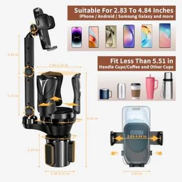 Phone Holders for Your Car, Adjustable Car Cup Holder Expander with Rubber Grip, Secure Hold, Multi-Scenario Use for Drivers, Commuters & Road Trips, Universal Fit for Up to 5.31'' Drinks/Mugs/Foods
