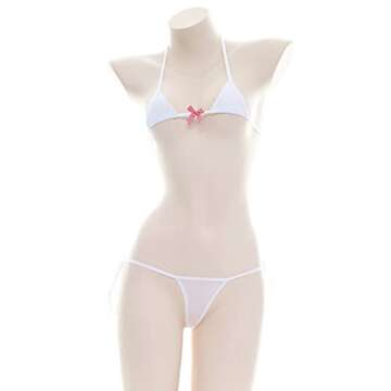 ABAFIP Womens Micro Tanning Bikini Kawaiii Japanese Anime Lingerie set Cute Stripe Tiny Bra Thong Panty Bottom Extreme Swimsuit White Bowknot One Size