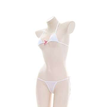 ABAFIP Womens Micro Tanning Bikini Kawaiii Japanese Anime Lingerie set Cute Stripe Tiny Bra Thong Panty Bottom Extreme Swimsuit White Bowknot One Size