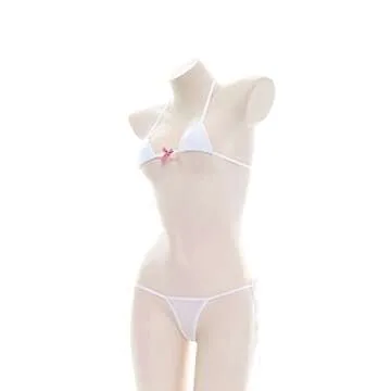 ABAFIP Womens Micro Tanning Bikini Kawaiii Japanese Anime Lingerie set Cute Stripe Tiny Bra Thong Panty Bottom Extreme Swimsuit White Bowknot One Size