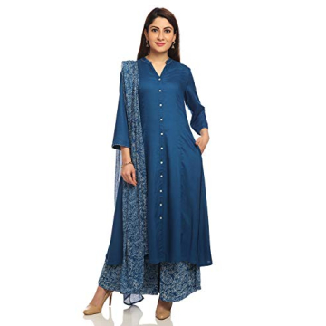 Biba Blue Front Open Viscose Suit Set for Stylish Women