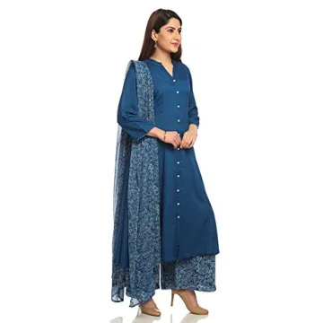 Biba Blue Front Open Viscose Suit Set for Stylish Women