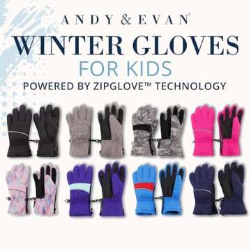 Andy & Evan Kids' Zip Gloves, Waterproof Winter Snow Gloves, Side Zippers, Touchscreen, Ski Snowboard Sledding, Warm Fleece Palms, Camo, Size 9-10