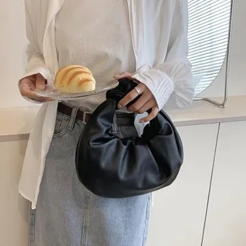 Women's Wrinkled Leather Cloud Shape Knotted Handbag Fashion Y2K Dumpling Underarm Hobo Clutch Purse for Party Shopping (Black)