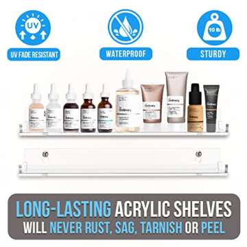 Pretty Display Acrylic Bathroom Shelves [2 Pack] Wall Mounted 15" Shelf Set - Crystal Clear Floating Shelves, Easy to Wall Mount, Rust-Proof & Maintenance-Free