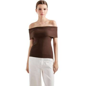 SUUKSESS Women Off Shoulder Going Out Sweaters Tops Short Sleeve Ribbed Knit Summer Sexy Shirts(Brown S)