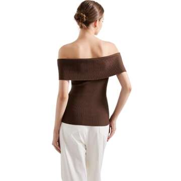 SUUKSESS Women Off Shoulder Going Out Sweaters Tops Short Sleeve Ribbed Knit Summer Sexy Shirts(Brown S)