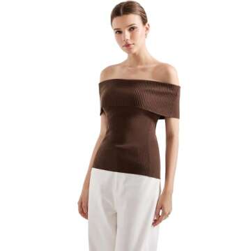 SUUKSESS Women Off Shoulder Going Out Sweaters Tops Short Sleeve Ribbed Knit Summer Sexy Shirts(Brown S)