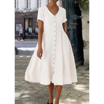chouyatou Women's Summer Fit and Flare Swing Cotton Dress Casual V-Neck Button Down Beach Midi Dress (Large, Off White)
