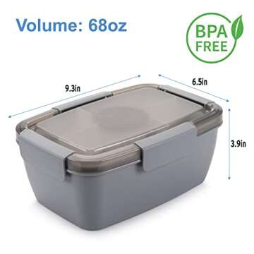 Freshmage Salad Lunch Container To Go, 68-oz Grey-XL, Leak-proof Lid, 4 Compartments, Sauce Container, Safe Material, Easy Carry