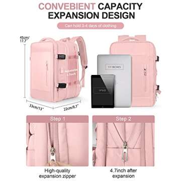 Large Laptop Travel Backpack for Women Carry On Airline Flight Approved Expandable Work Personal Item size Backpack with laptop compartment for College Men Hiking Waterproof Mochila de Viaje Pink