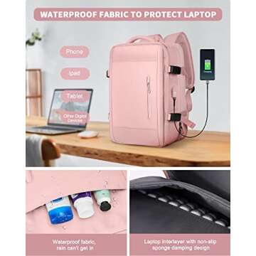 Large Laptop Travel Backpack for Women Carry On Airline Flight Approved Expandable Work Personal Item size Backpack with laptop compartment for College Men Hiking Waterproof Mochila de Viaje Pink