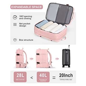 Large Laptop Travel Backpack for Women Carry On Airline Flight Approved Expandable Work Personal Item size Backpack with laptop compartment for College Men Hiking Waterproof Mochila de Viaje Pink