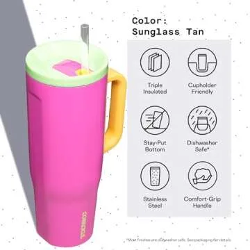 Corkcicle Cruiser Insulated Tumbler with Handle and Straw, Sunglass Tan, 40 oz – Reusable Water Bottle Keeps Beverages Cold for 20 Hours, Hot for 9 Hours – Cupholder Friendly