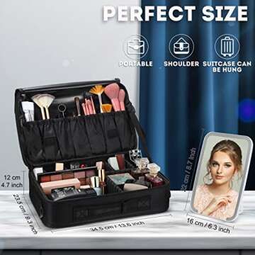 Inbagi Makeup Travel Case with Mirror LED Light 3 Adjustable Brightness 13.6 x 9.3 x 4.7 in Cosmetic Bag Portable Storage Adjustable Partition Waterproof with Adjustable Shoulder Strap Gift for Women