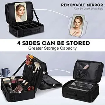 Inbagi Makeup Travel Case with Mirror LED Light 3 Adjustable Brightness 13.6 x 9.3 x 4.7 in Cosmetic Bag Portable Storage Adjustable Partition Waterproof with Adjustable Shoulder Strap Gift for Women