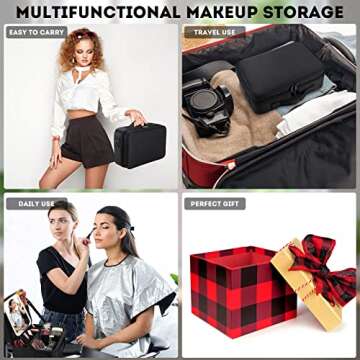 Inbagi Makeup Travel Case with Mirror LED Light 3 Adjustable Brightness 13.6 x 9.3 x 4.7 in Cosmetic Bag Portable Storage Adjustable Partition Waterproof with Adjustable Shoulder Strap Gift for Women