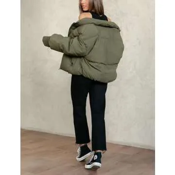 Lianlive Womens Cropped Puffer Jacket Oversized Black Short Puffy Winter Coat (Olive-XS)