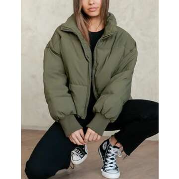 Lianlive Womens Cropped Puffer Jacket Oversized Black Short Puffy Winter Coat (Olive-XS)
